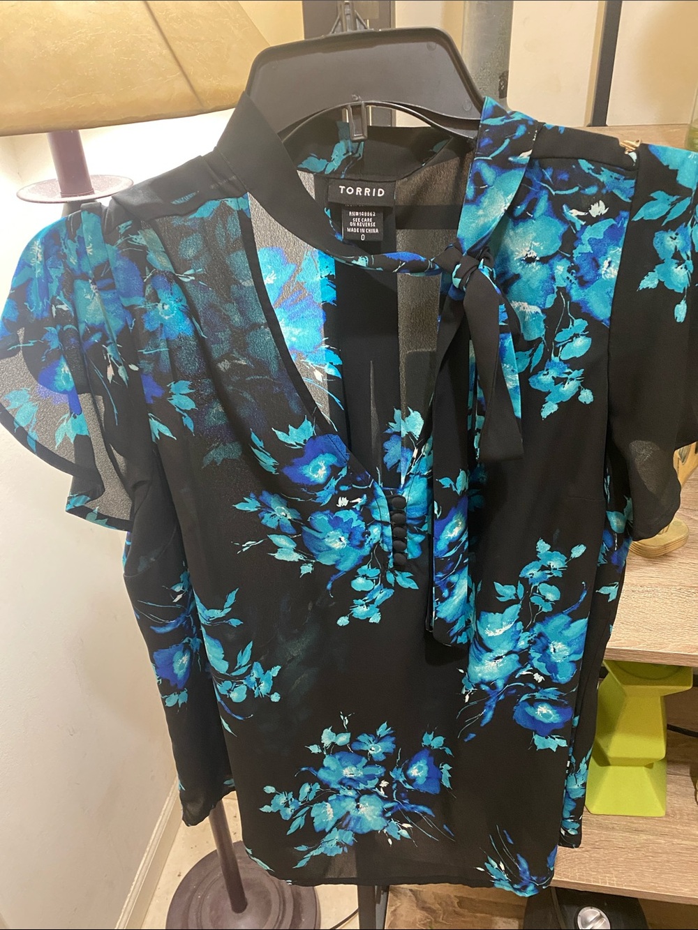 torrid Black with Blue Floral Tie-Neck Blouse